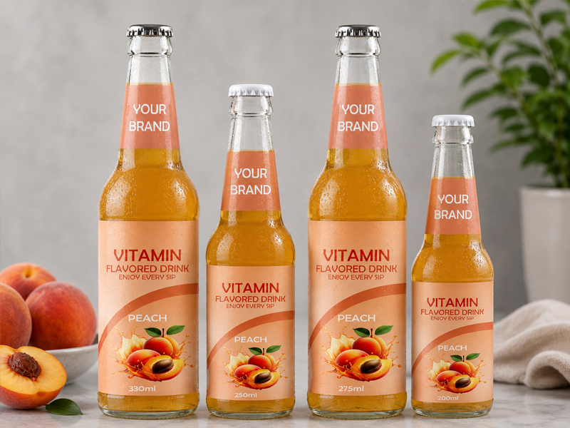 VITAMIN FLAVORED DRINK Peach flavour in 330ml, 250ml, 275ml, and 200ml glass bottles.